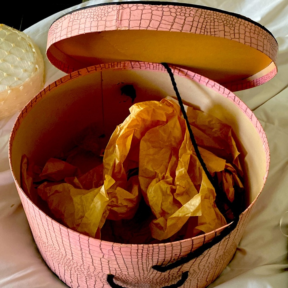 Vintage hat box-  pink with black trio-  alligator design.